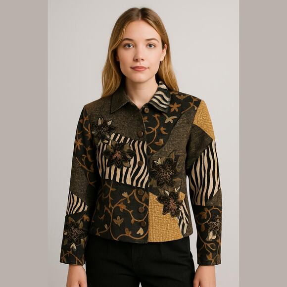 Coldwater Creek Jackets & Blazers - Vintage Coldwater Creek Artsy Textured Boho Brown Black Blazer Jacket M